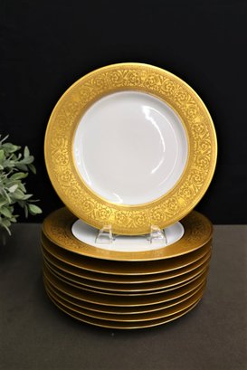 Group Lot Of 10 Gold Gilt Lace Border Bohemian Dinner Plates, Made In Czechoslovakia