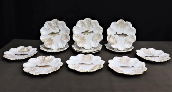 Grouping Of 12 Antique T&V Limoges Porcelain Fish Plates