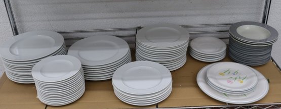 Shelf Lot Of (mostly) White Dinnerware, Variety Of Sizes