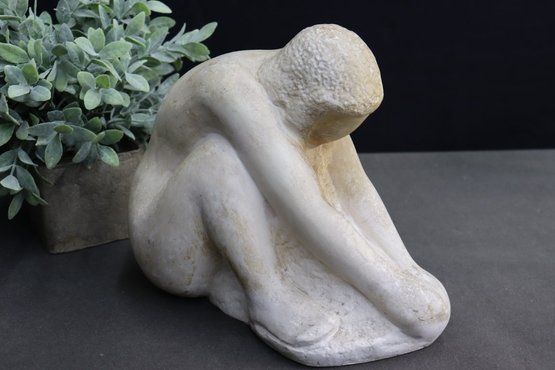 Seated Nude Form Cast In Plaster Statuette, Signed MF