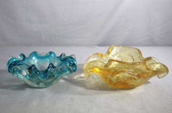 Pair Of Vintage Murano Glass Ruffled Bowls