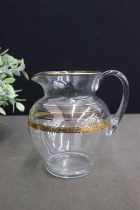 Vintage Clear Pressed Glass Pitcher With Gold Tone  Band