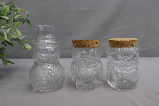 Group Lot Of 3 Clear Glass Novelty Jars - 2 Snowmen & 1 Owl