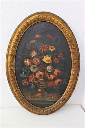 Oval Dutch Masters Inspired Still Life Flowers And Berries, Faux Gilt Painted Frame. Oil On Canvas