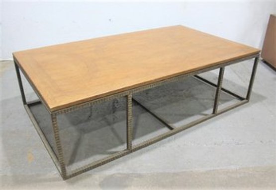 Circle Pattern Parquetry Wide Top Coffee Table On Metal Box Grid Base