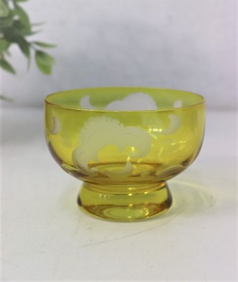 Vintage Amber And Etched Glass Footed Bowl