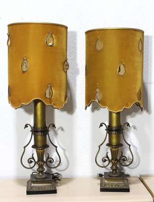 Pair Of Vintage Brass Lamps With Velvet And Prism Shades