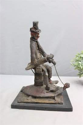 Artisan Clown Riding A Tortoise Plaster And Clay Sculpture, Signed Wolf