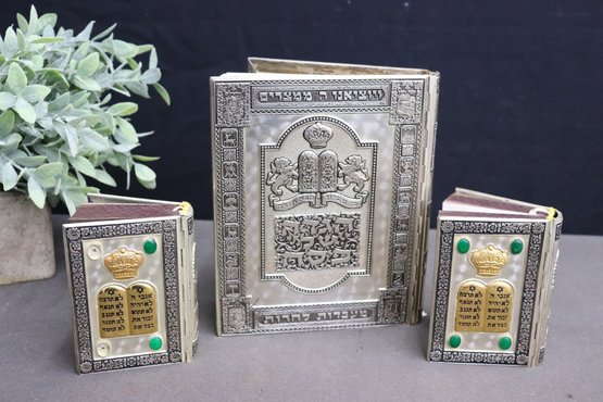 Three Adorned And Embossed Metal Hebrew Prayed And Ceremonial Books