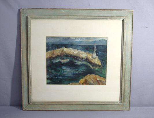 Coastal Serenity: Nautical Oil Painting With Weathered Frame'