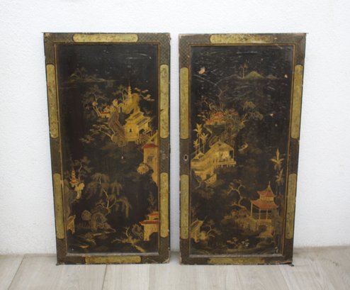Oriental Elegance: Antique Hand-Painted Door Panels'