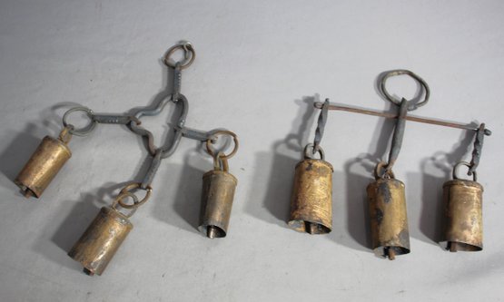 Antique Hand Forged Wrought Hanging Bells With Rolled Clappers - Rustic Primitive Decor