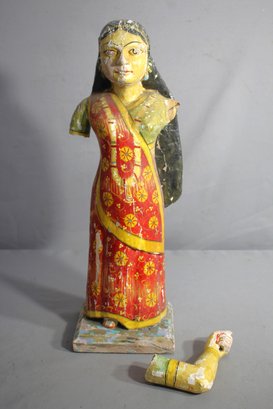 Antique Hand-Carved Wooden Lady Figurine - Elegance In Folk Artistry'