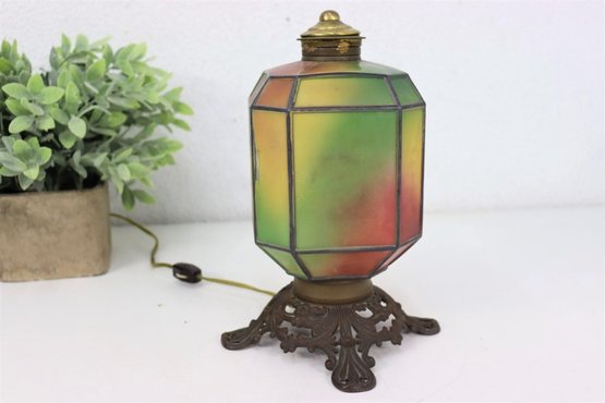 Vintage Leaded Stained Glass Coach Light On Metal Base Accent Lamp