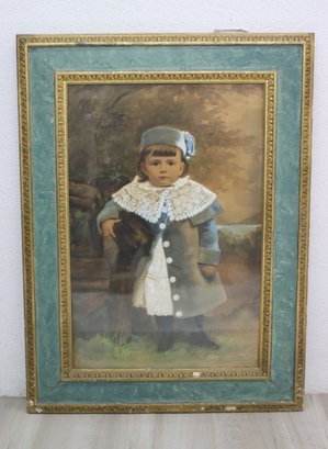 Antique Portrait Of Young Girl In Ornate Painted Frame