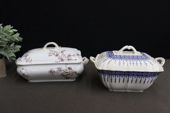 Two Vintage Covered Casseroles: John Maddock & Sons Royal Vitreous AND CFH/GDM France Violets & Gold Trim