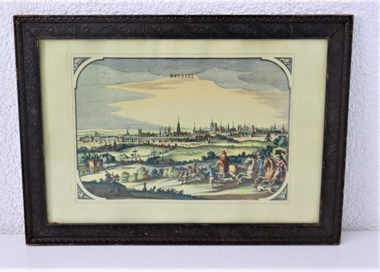Fine Frame With Reproduction Of Engraving Colored Print Of View Of Panaorama Of Brussels