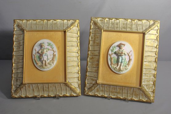 Antique Porcelain Cameo Wall Hangings In Golden Frames - Flawed Beauty'