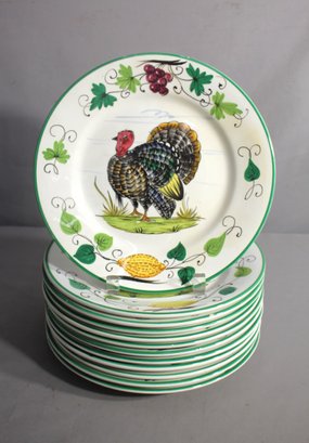 Hand Painted Mancioli Italian Pottery -Festive Harvest Turkey-Themed Dinner Plates - Set Of 12'