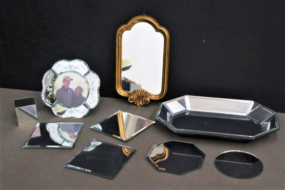 Group Lot Of Small Mirror Frames, Trays, Trivets Etc.