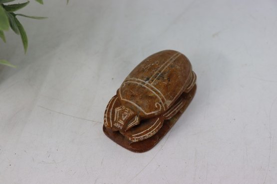 Carved Egyptian Red Stone Scarab Beetle With Glyphs On Bottom