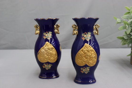 A Pair Of Intense Cobalt Blue And Gold Urn Vases