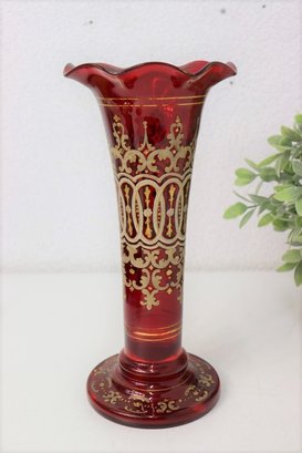 Single Bohemian Red Glass Vases Ornate Gold Design