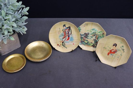 Group Lot Of Japanese Painted Bamboo Plates AND Gold And Black Lacquer Plates