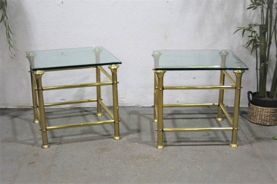 Pair Of Glass Top Brass Cube Rail Side Tables