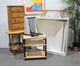 Group Lot Of Wooden Tables And Shelving Units And A Display Rack