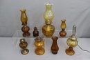 Group Lot Of Vintage Amber Glass Oil Lamps - One Converted To Electric