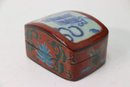 Chinese Red Lacquer Wood Box With Inlaid Blue And White Porcelain Shard Fragment