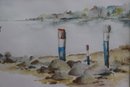 Framed Original Watercolor Waterfront Scene, Signed B. Alban '78