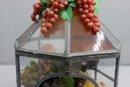 Decorative Leaded Glass Terrarium With Faux Christmas Fruits In Side And Holly Berries Atop