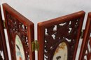 Small Six Panel Chinoiserie Carved Wood Tabletop Screen With Decorative Oval Center Tiles