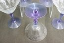 Five Violet Stem Etched Glass Martini Glasses