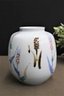 Hand Painted Bamboo And Flower Decorated Japanese Stoneware Vase, Cobalt Character Mark Bottom