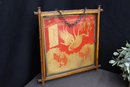 Vintage Japonisme Square Mirror With Red/Gold Pastoral Scene Verso (2 Panels Missing Original)