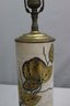 Vintage MCM Enamel Botanic With Gold Emboss Cylinder Lamp On Brass Fret Work Base
