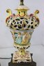 Pair Of Vintage Quad-Dragon Capodimonte Pierced Porcelain Lamps Two Tier Tessellated Brass Base