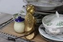 Shelf Lot Of Mixed Ceramic, Glass, Metal Tabletop, Serveware, And Decorative Items