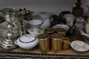 Shelf Lot Of Mixed Ceramic, Glass, Metal Tabletop, Serveware, And Decorative Items