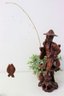 Hand Carved Wood Asian Fisherman Statue With Fish On Fishing Pole