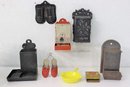 Group Lot Of Painted Cast Iron And  Match Holders  And Miniature  Frying Pan