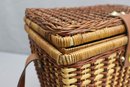 Vintage Tri-Color Wicker Picnic Basket - Green Checkered Fabric Lined And Leather Straps