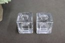 Pair Of Glass Crystal Beveled Cube Candle Holders