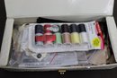 Group Lot Of Sewing Notions, Buttons, Thread, And Super Stitch Portable Sewing Machine With Box