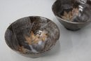Pair Of Japanese Style Ceramic Chawan Bowls Evoking Poppy Seeds And Leaves