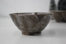 Pair Of Japanese Style Ceramic Chawan Bowls Evoking Poppy Seeds And Leaves