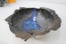 Hand-formed Salt-Glazed Cauldron Bowl - Lapis Swoop Through Ebony Glaze Inside Marked On Bottom